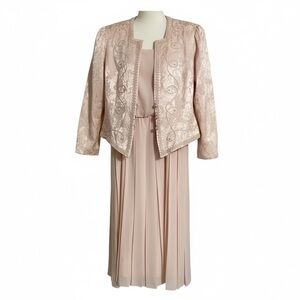 Vintage Pink Evening Dress Brocade Jacket Set Sz 16 Embroidered Wedding Formal